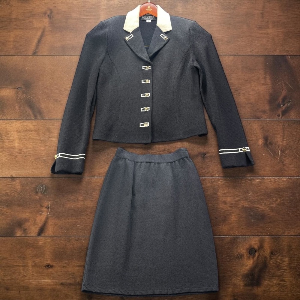 Vintage USA St John Collection Black Skirt Suit Cream Collar Jacket 2 Skirt 4